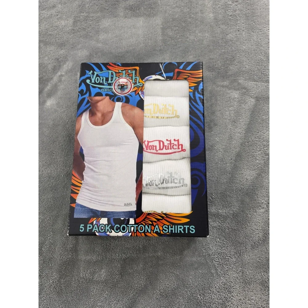 Von Dutch Originals Mens 5 Pack White Cotton A-Shirts Ribbed Tank Tops Size M